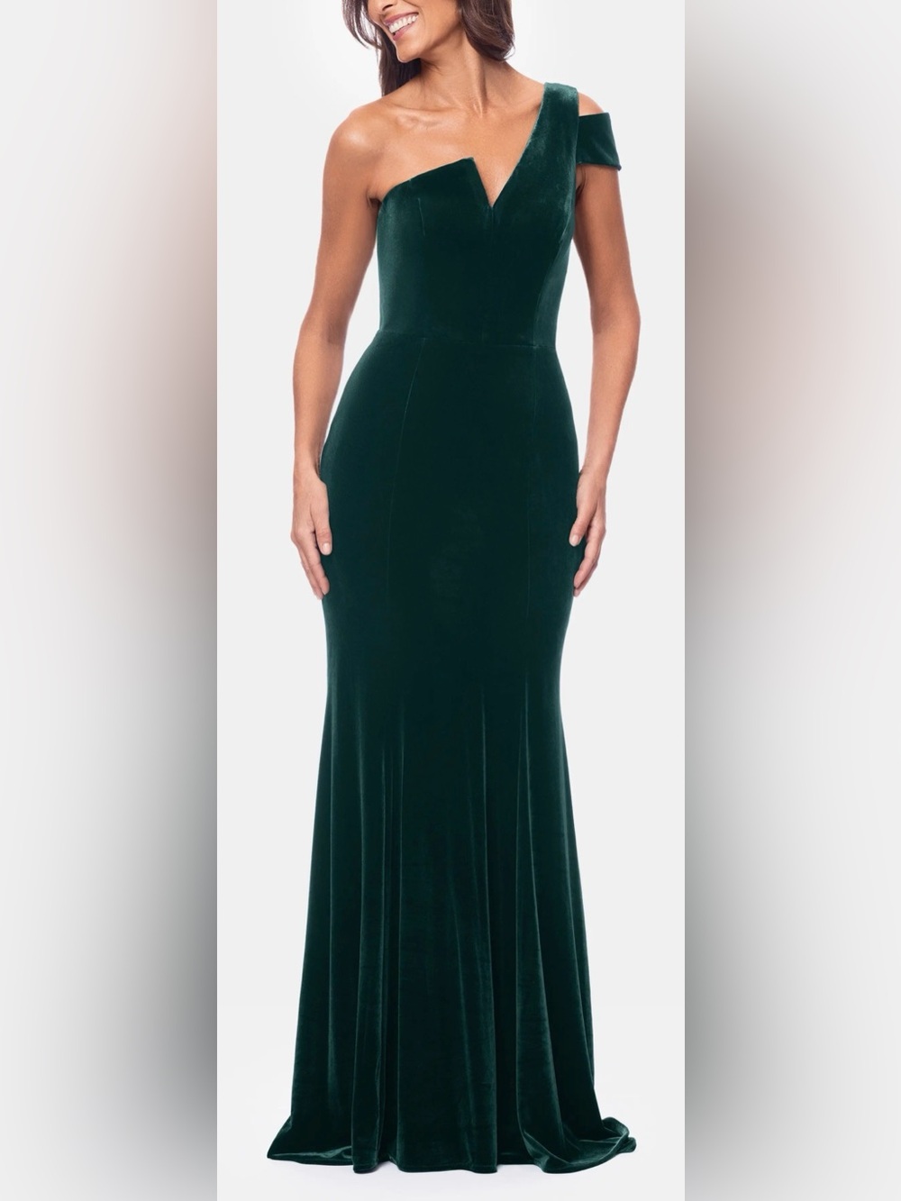 NEW Betsy And Adam One-Shoulder Velvet Hunter Green Mermaid Gown Sz 10